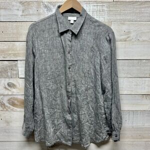 J Jill Love Linen Top Womens Medium Gray Long Sleeve Button Up Collared‎